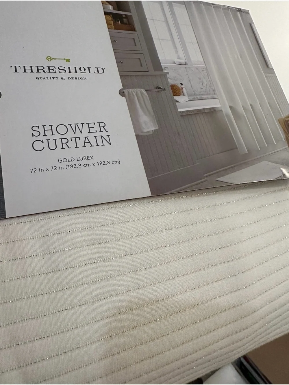 NEW Threshold White Shower Curtain with Subtle Gold Thread